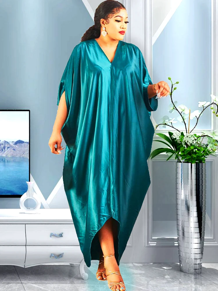 

New Muslim Dresses For Women 2022 Pure Color African Maxi Robe V-neck Print Short Sleeve Novelty Dress Kanga Clothing Bouou