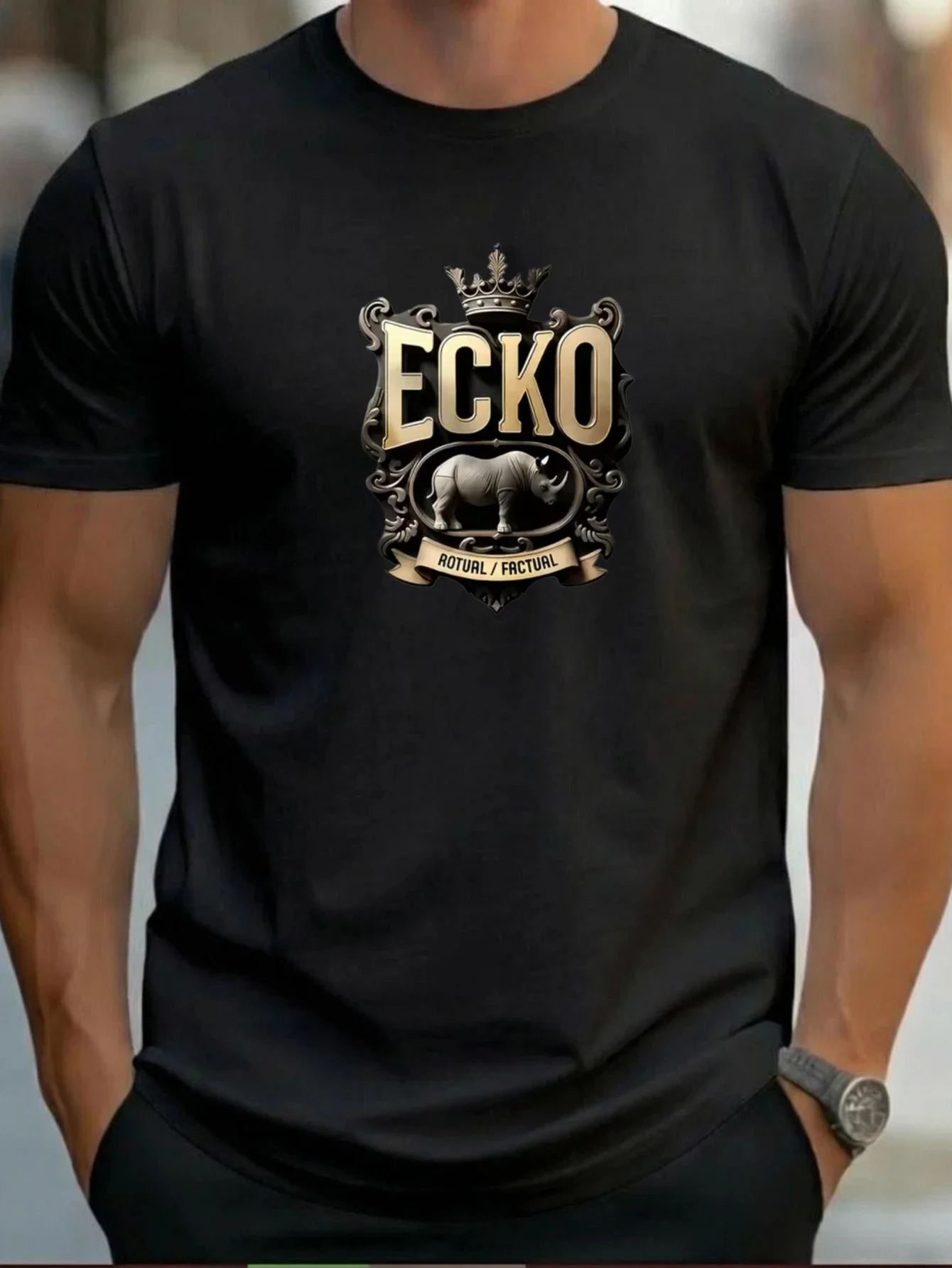 Men Ecko Oversize Drop Shoulder Baroque Crown Rhino Tshirt Emboss Scroll Frame Print Loose Casual Street Short Sleeve