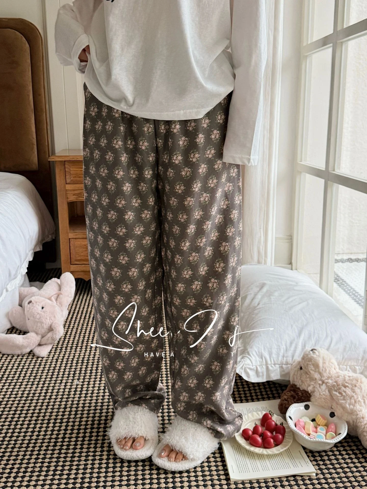 

Korean Style Pure Cotton Floral Knot Plaid Sleepwear Long Pants Home Leisure Women's Clothing Autumn New Arrival