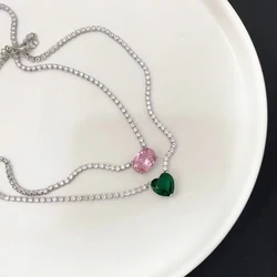 Fashion Pink Heart Zircon Necklace For Women Girls Silver Color Shiny Love Clavicle Tennis Chain Necklaces New Trend Jewelry