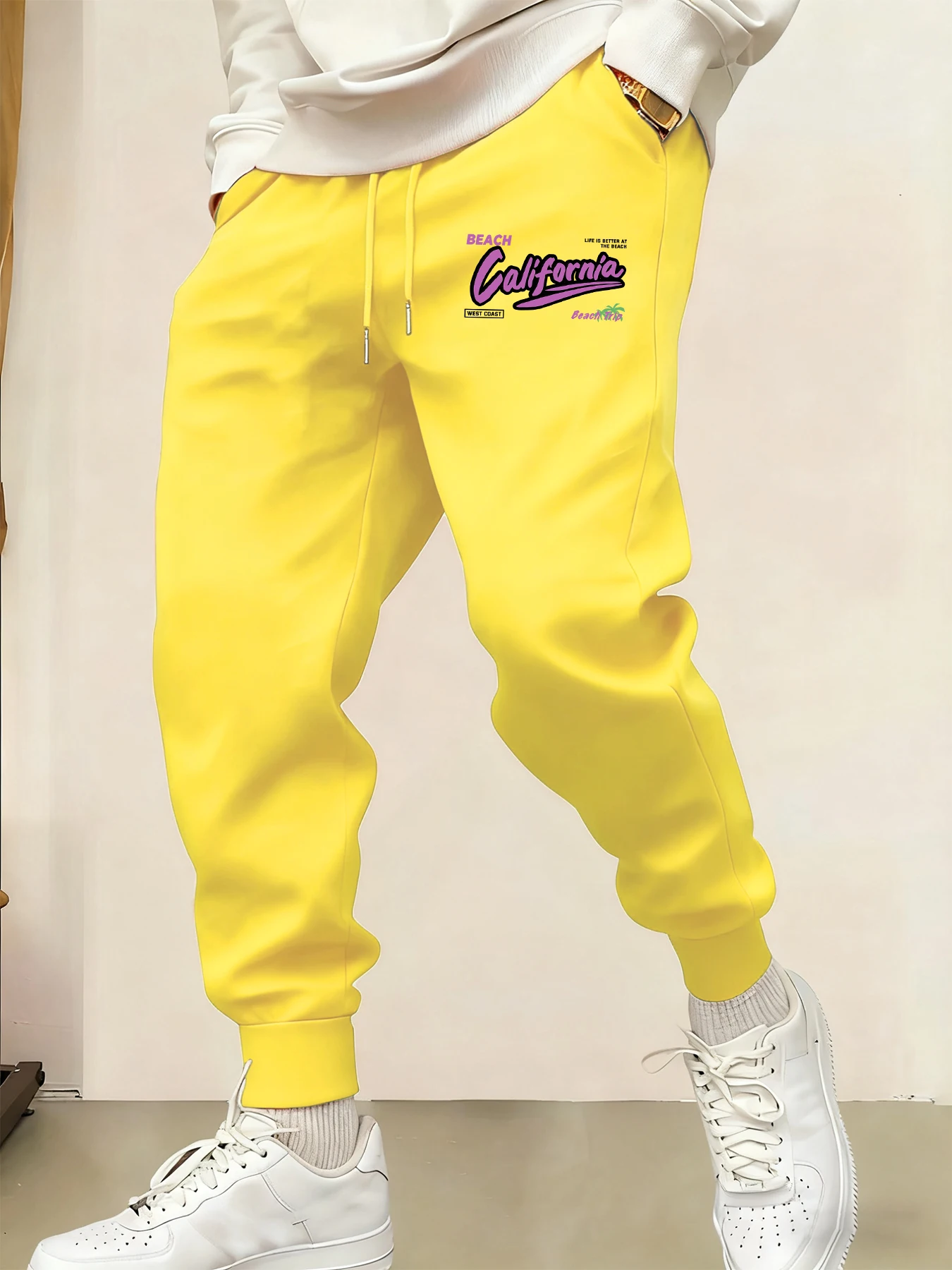 

California Weat Coast Beach Trip Prints Men Autumn Winter Long Pants Fleece Casual Trousers Street Soft Sweatpants Warm Britches