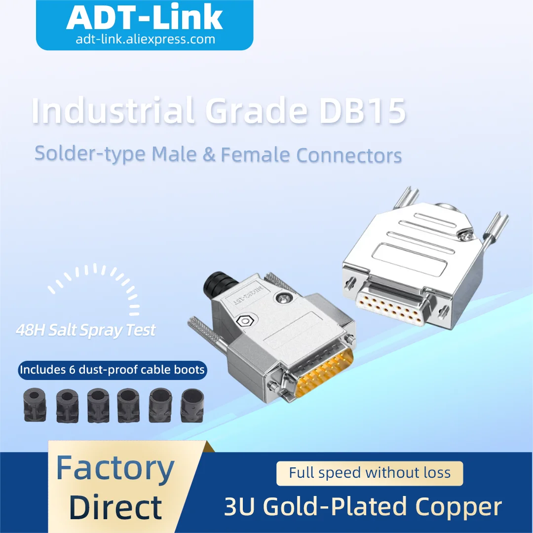 Industrial DB15 Male Female Connector 2 Row 15Pin Solid Pin Metal Shell DB15 Serial Parallel Port Plug Adapter Solder Connector