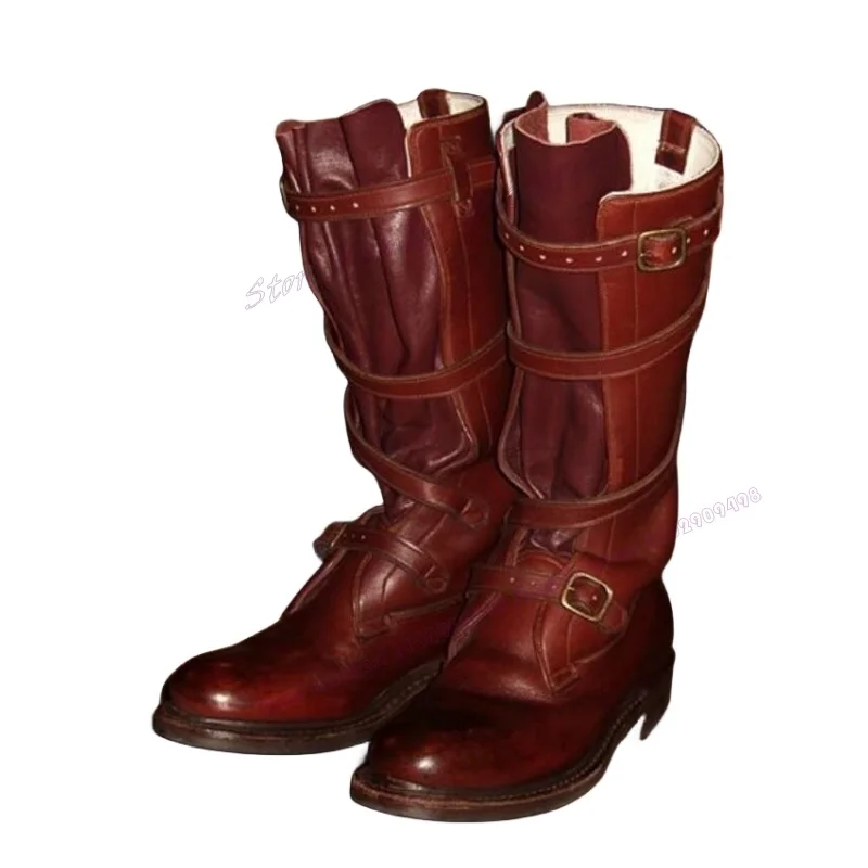 Brown Matte Leather Men\'s Cowboy Boots Strappy Buckle Round Toe Chunky Heels Shoes Work Winter Shoes 2023 Zapatos Para Hombres