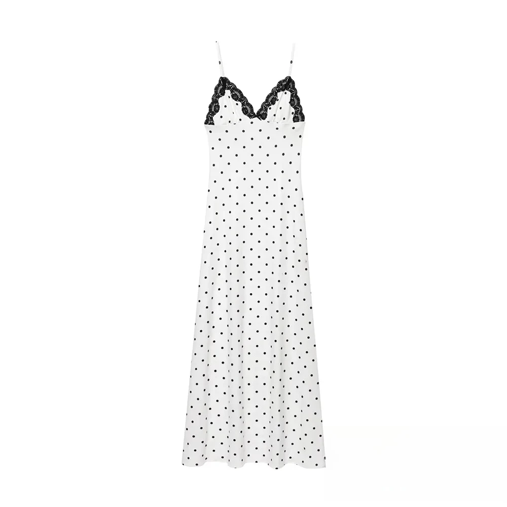 KONDALA Elegante Chic Retro Abito a Pois da Donna in Pizzo con Scollo a V Lungo Cami Dress Nuova Moda Estate Casual Party Data Mujer Dress