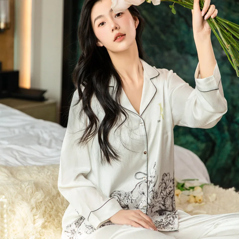 High Quality Spring And Summer New Ice Silk Women's Pajamas Letter Lapel Set Animal Print Herringbone Jacquard Pyjamas Sets Pj