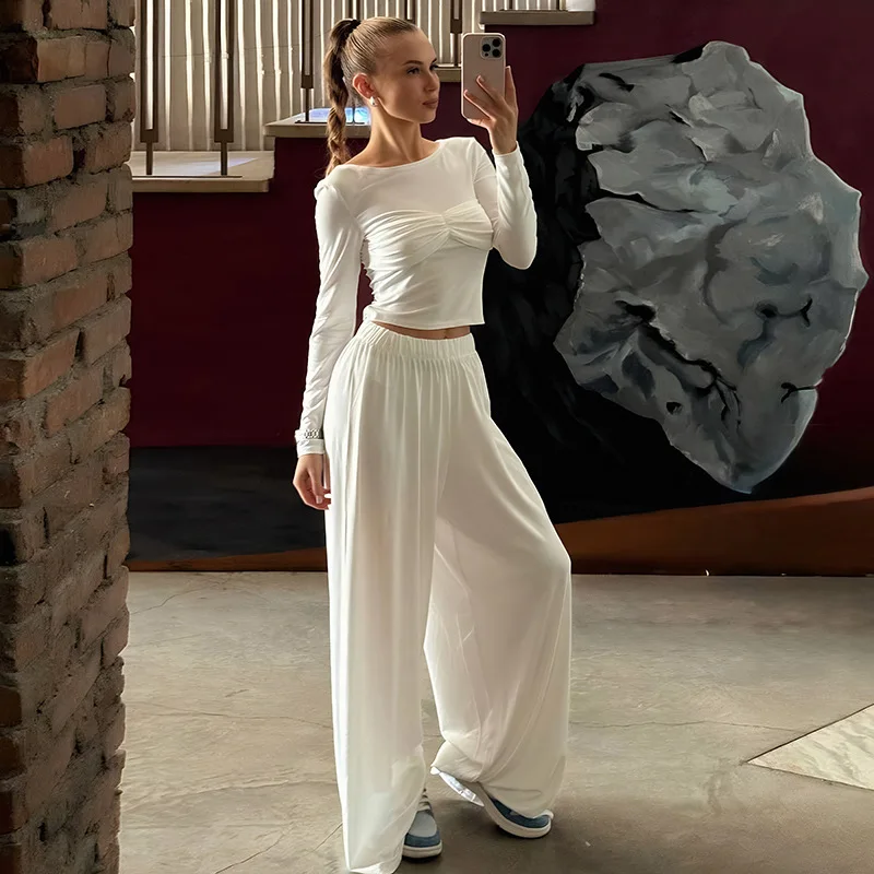 

Absobe Women Autumn New 2 Piece Set Solid Long Sleeve Ruched Patch Slim Crop Top High Rise Wide Leg Pants Casual 2025 Streetwear