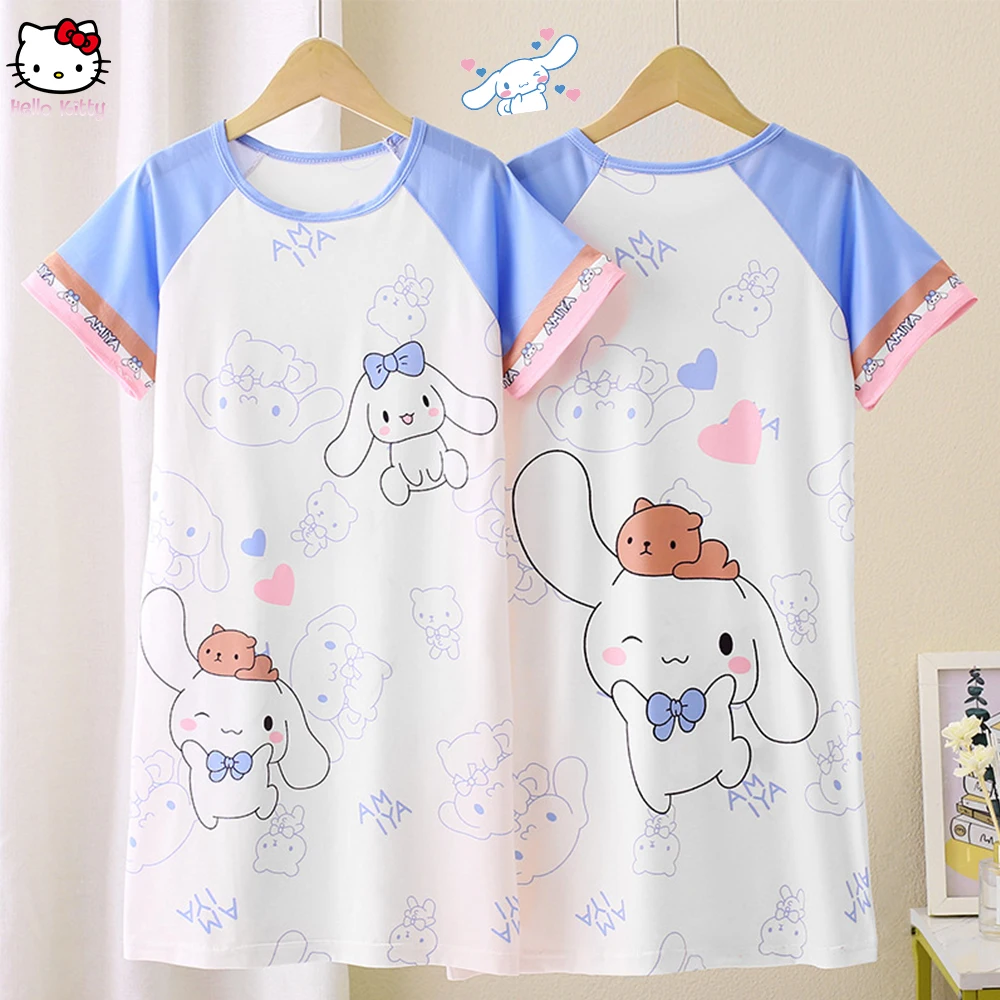 Cinnamoroll Children's Summer Nightwear Sanrios Kuromi Nightgown Short Sleeve Dress Home Clothing Anime Girls Ice Silk Pajamas