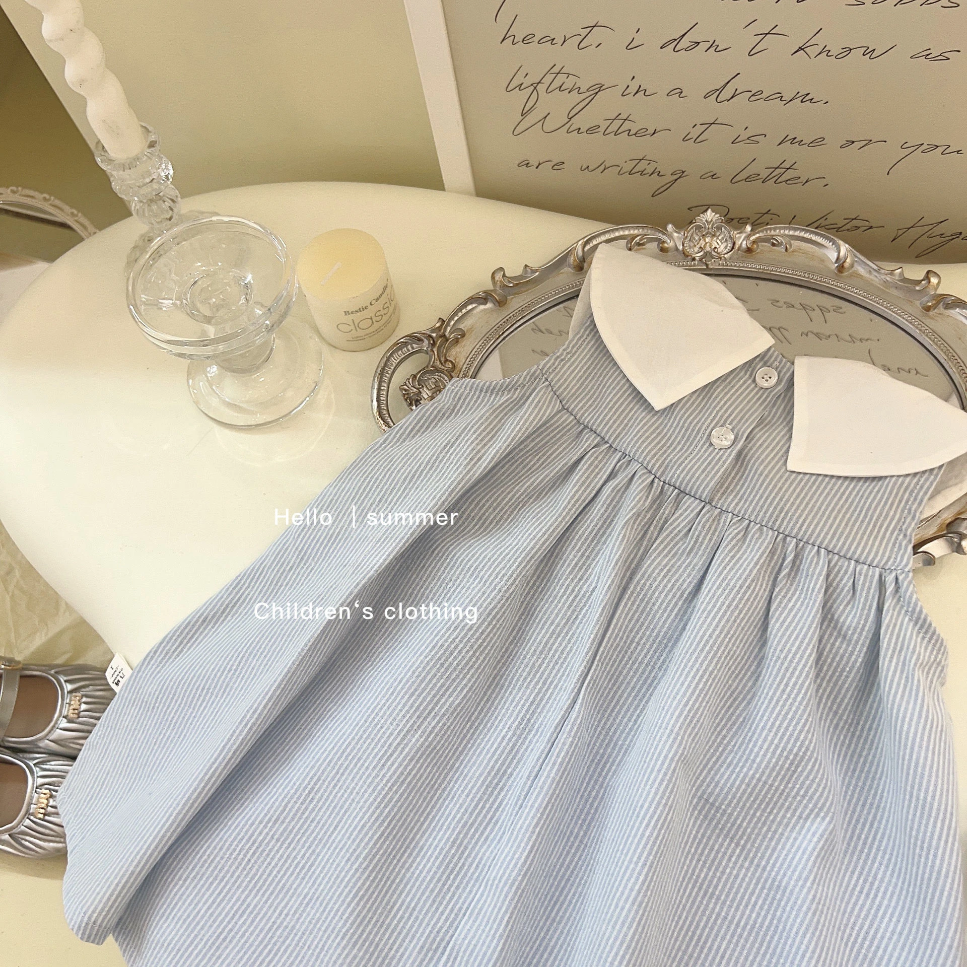 Sleeveless Childrens Clothing 2024 Summer Fashionable Dress Girl Doll Neck Bow Blue Striped Princess Skirt