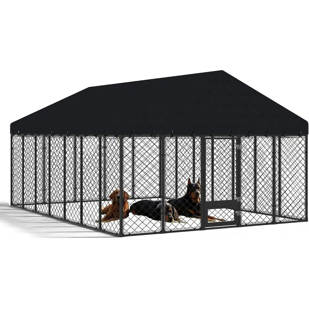 

Large Dog Outdoor Kennel with Roof - Heavy Duty Metal Enclosure, Double Lock, and Feeding Door