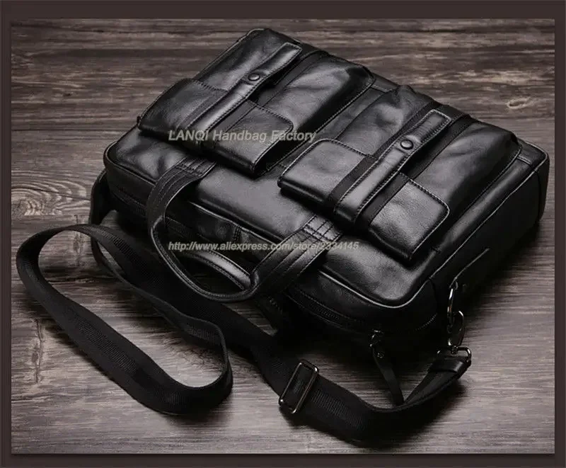 High Class Luxury Genuine Briefcases Leather Office Men Business Male 15"Laptop Shoulder Bags Tote Black