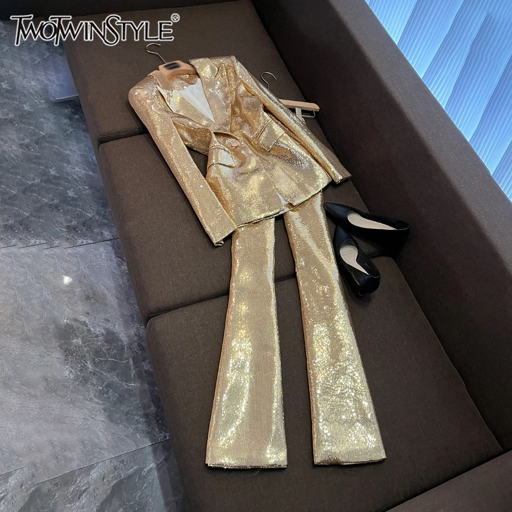 

TWOTWINSTYLE однотонные темпераментные комплекты из двух предметов для женщин, топ с длинными рукавами и лацканами, брюки с высокой талией, шикарный комплект, женский стиль KSE537078