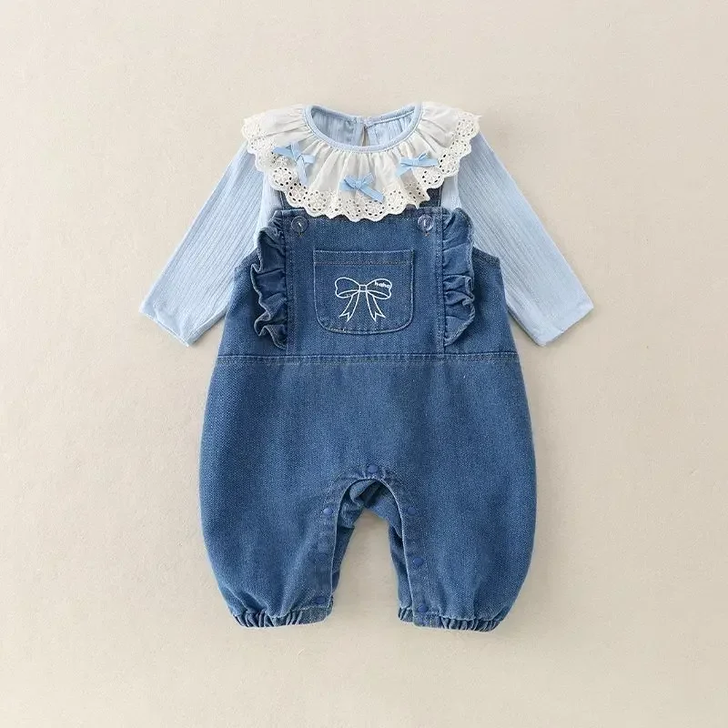 

2025 Autumn 0-4Y Baby Girl Clothes Cotton 2Pcs Sets Doll Collar Long Sleeve Top and Denim Overalls Cute Korean Casual Outfit