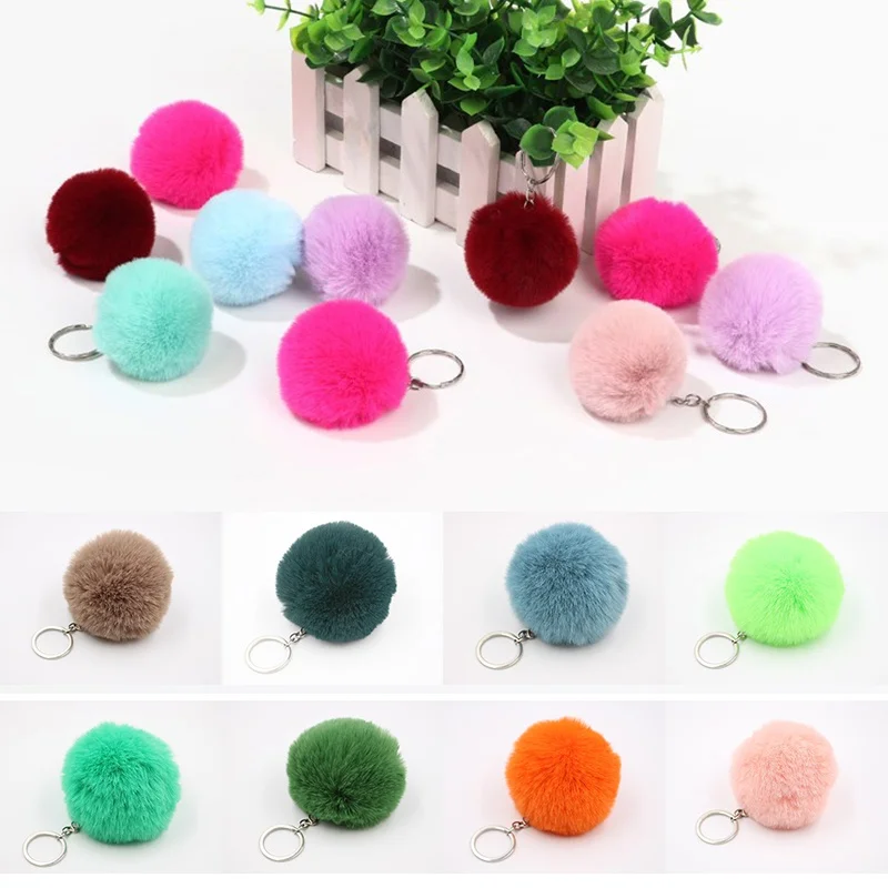 8CM Fluffy Rabbit Fur Ball Key Chain Cute Candy Colors Pompom Artificial Rabbit Fur Keychain Women Car Bag Key Ring
