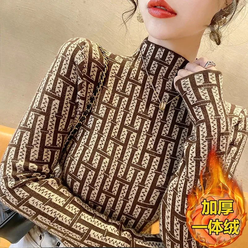 

All-in-one Velvet 2025 Autumn and Winter New Style Half Turtleneck Sweater for Women Slim Fit Inner Knitted Bottoming Shirt Top