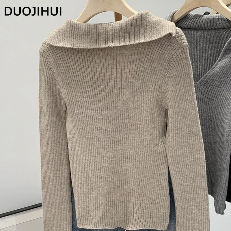 DUOJIHUI-Suéter feminino de tricô doce, pulôveres femininos finos, gola chilly para outono, manga comprida, moda casual simples, cáqui