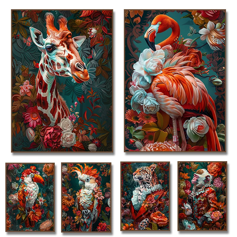 Pintura en Lienzo de Jirafa, Leopardo, Tucán, Flamenco y Loro, Estilo Renacentista, Póster con Retrato de Flores Tropicales, Impresión para Decoración del Hogar