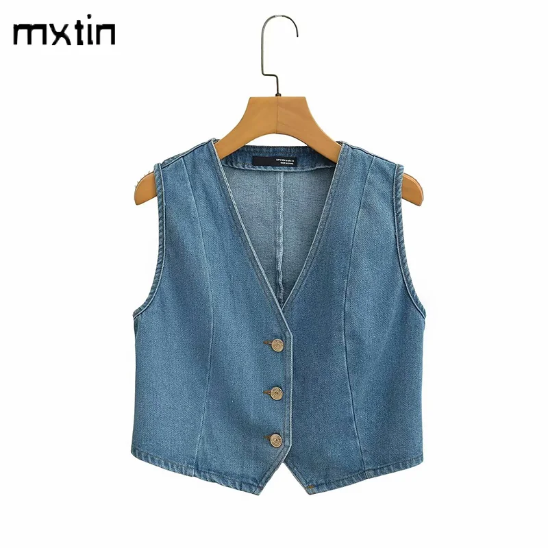 

2024 Women's Vest Women Autumn Denim Jacket Vintage Sleeveless Jackets Button Korean Waistcoat Streetwear Female Clothing Top