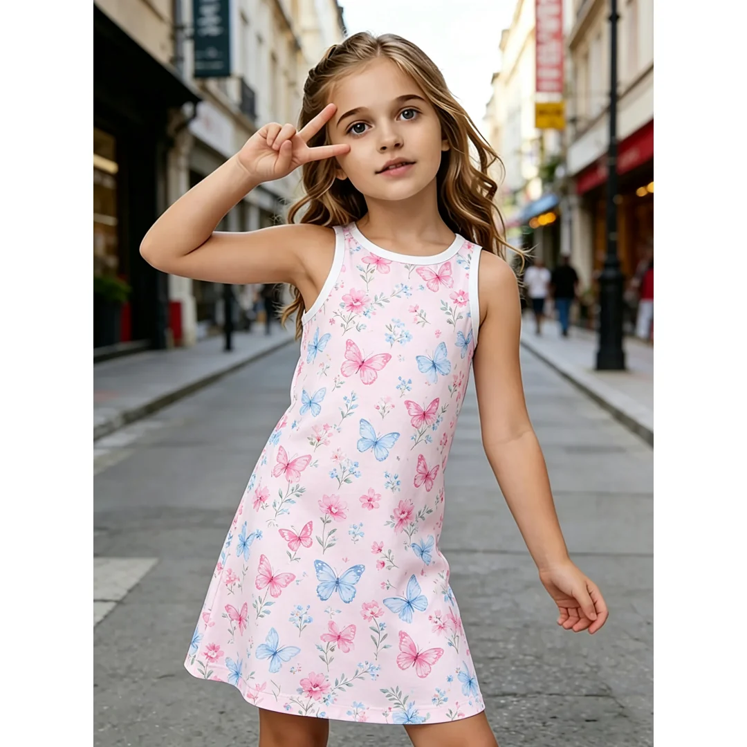 Kids Sleeveless A‑Line Dress Colorful Rainbow Stripe Print Sweet Lovely Light Stylish Outfit for Outdoor and Casual Daily Wear