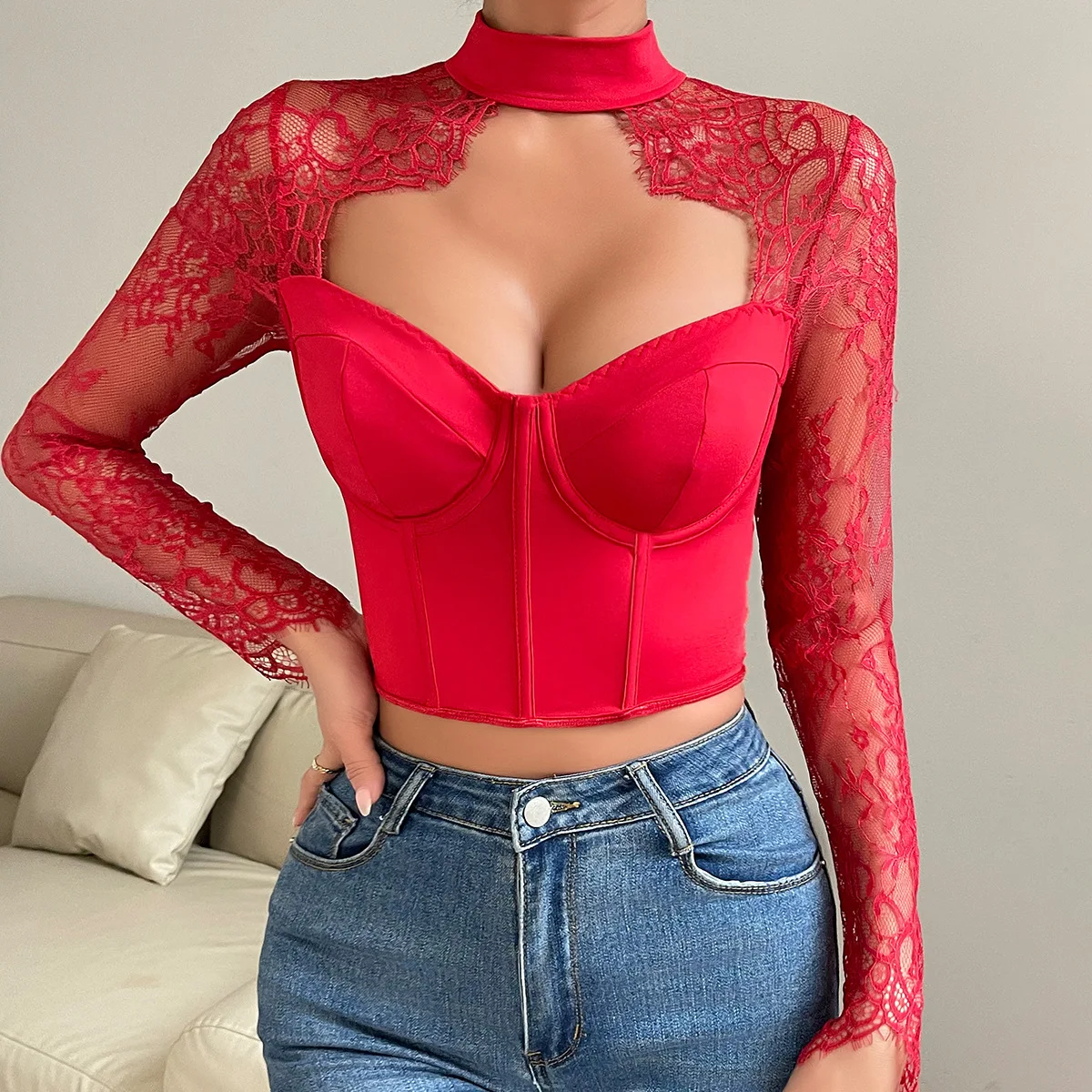 Pizzo scava fuori o-collo corsetto Sexy manica lunga Bustier t-shirt estate moda donna elegante solido Slim Fit Crop top Pullover