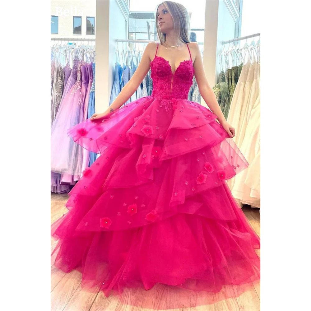 

Bella Red Tulle robes de soirée A-line Edge Curl Prom Dresses Elegant Sleeveless Floor-Length Spaghetti Strap Wedding Dress 2024