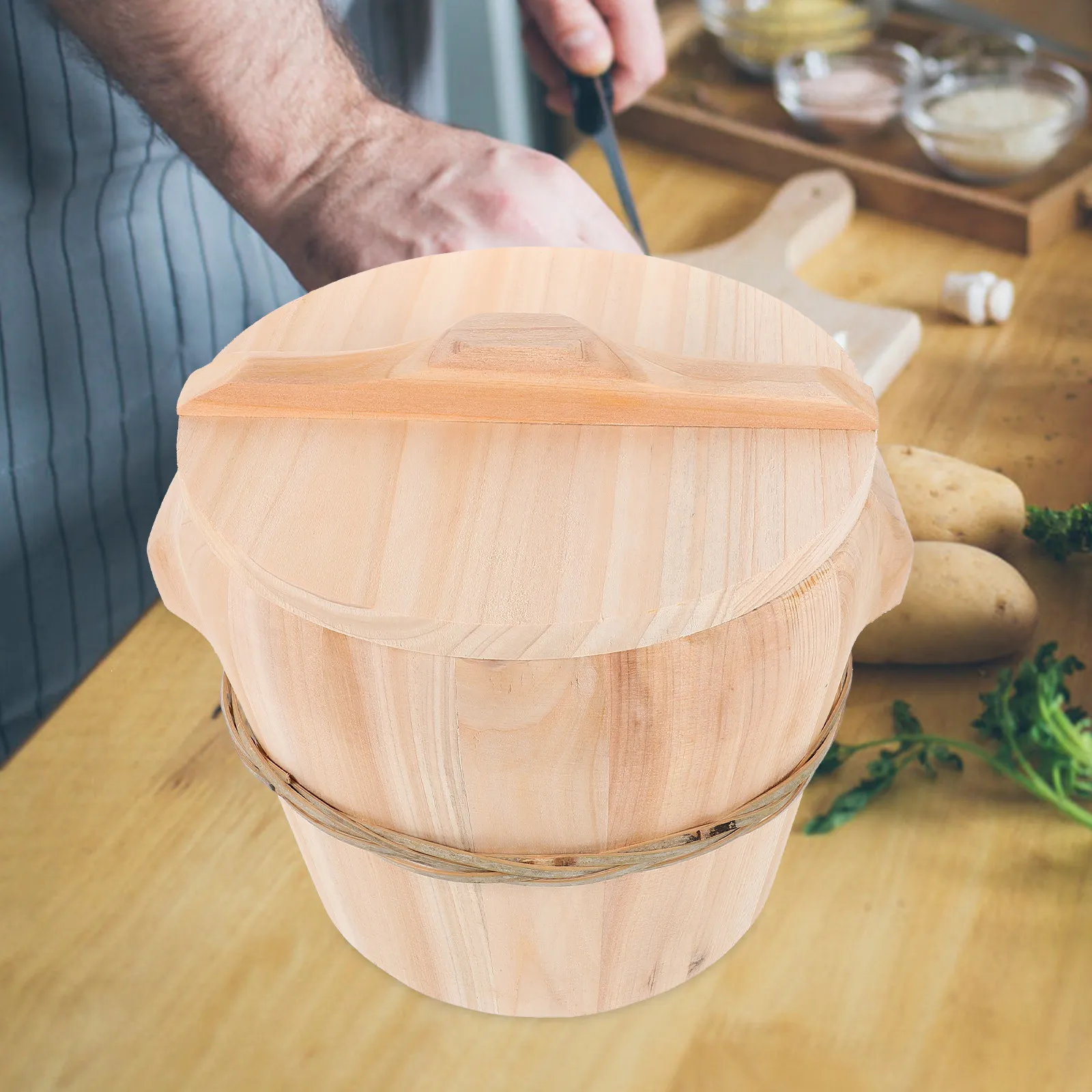 1Pcs Premium Natural Wooden Rice Steamer Barrel with Lid Hand Polished Smooth Surface Fast Steam Escape Design for Kitchen