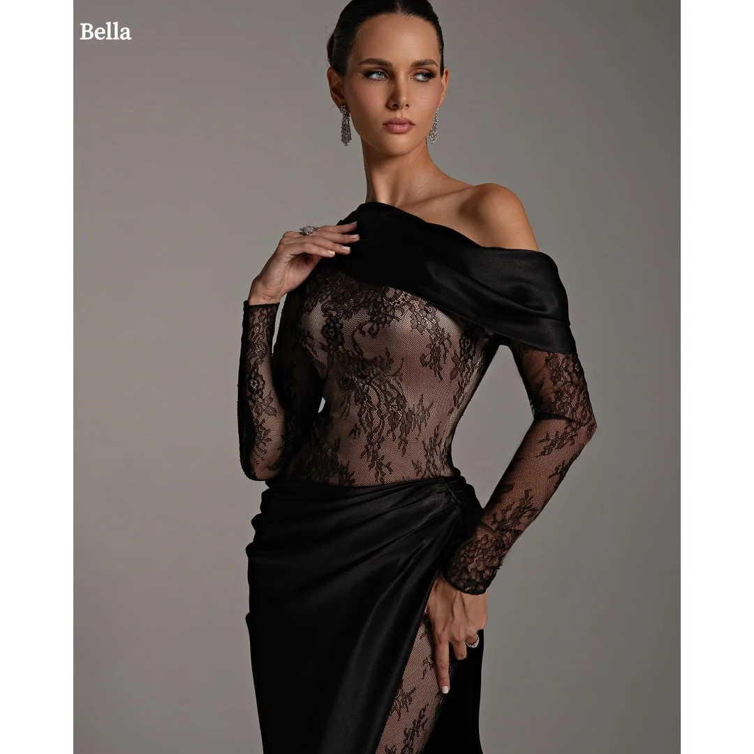 

Bella Customized Black Side Slit Lace Long Sleeves robes de soirée Off The Shoulder Party Dresses Floor-Length Prom Dress 2025