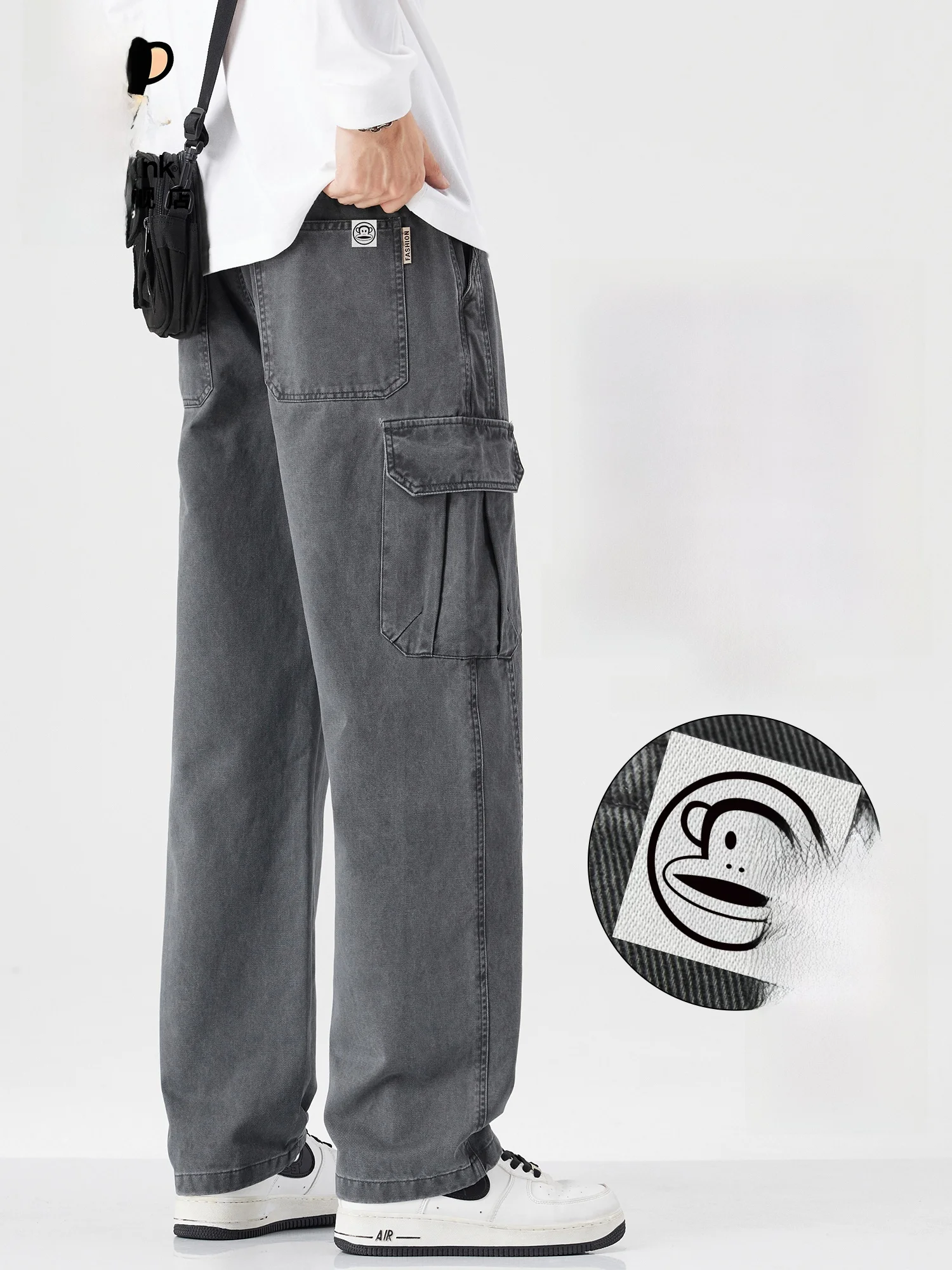 

PaulFrank Men's Casual Trousers Fce Lined Pure Cotton Loose Fit Spring Autumn Large ket Workwear Straight Leg Pants