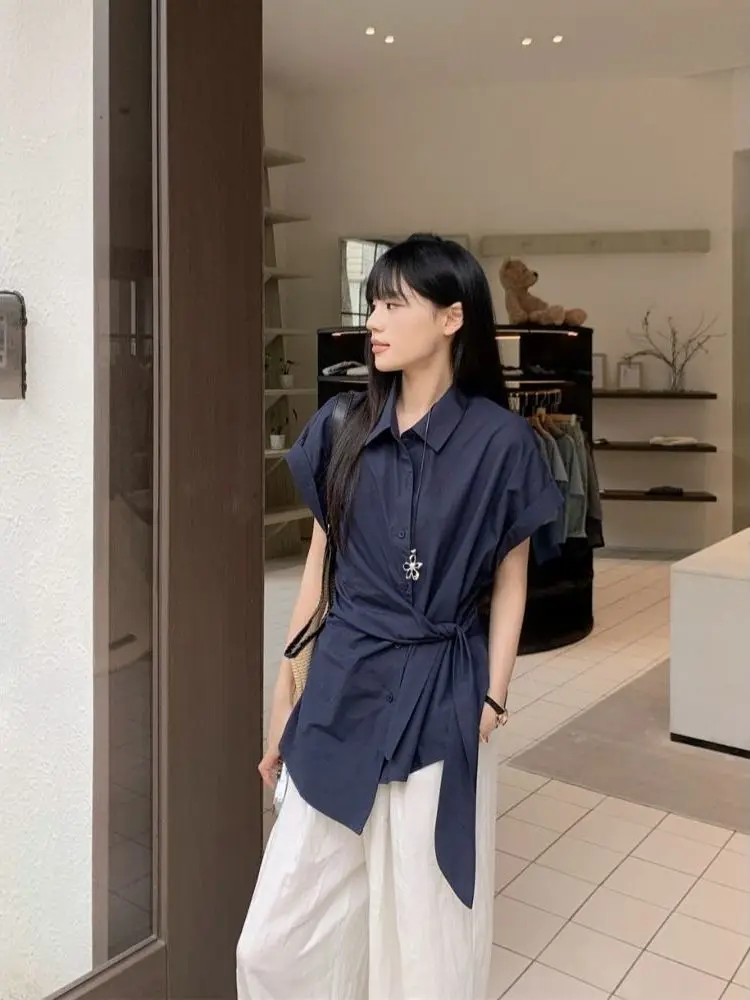 

Новинка 2025, синие асимметричные женские повседневные корейские брюки высокого класса, летние, уникальный дизайн, свободный крой ort Sve C...