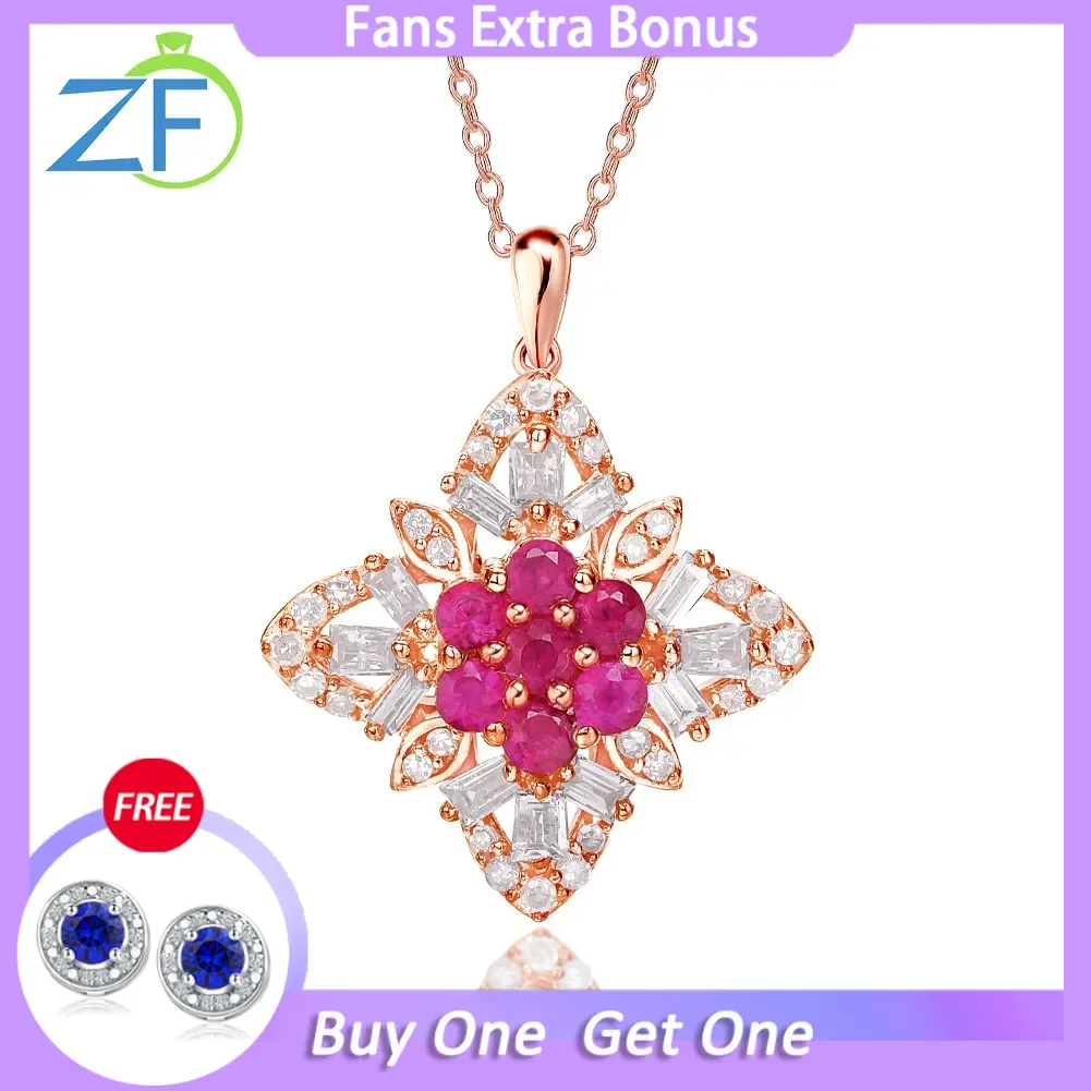 GZ ZONGFA Natural Ruby 0.7CT Diamond Real 925 Sterling Silve Flower Pendant for Women 18Inch Necklace 10K Gold Fine Jewelry