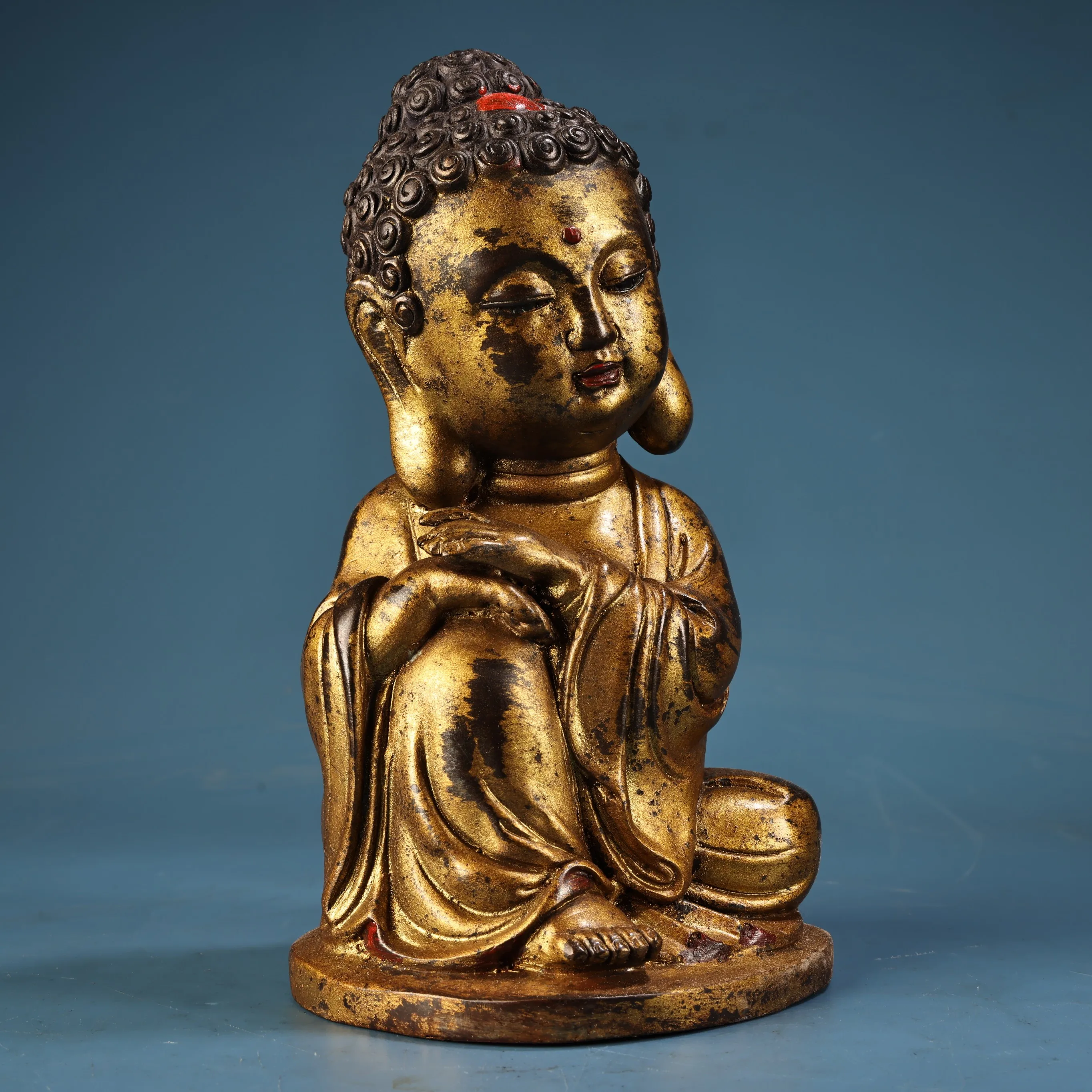 Vintage Worn Gold Gilt Mini Baby Buddha Sculpture, Meditating Kid Buddha Statue with Red Pigment Detail