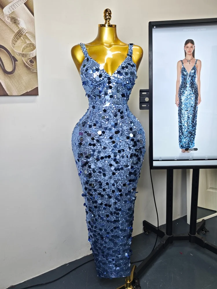 

PB Синее платье макси с пайетками на тонких бретельках – платье русалки без рукавов с v-образным вырезом для женщин, роскошная одежда для вечеринок и дня рождения