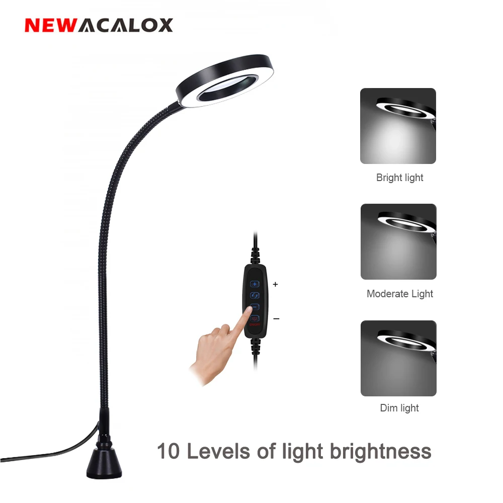 NEWACALOX USB Strong Magnetic 3X Magnifying Glass LED Light Illuminated Magnifier Flexible Arm for Reading Workbench Soldering