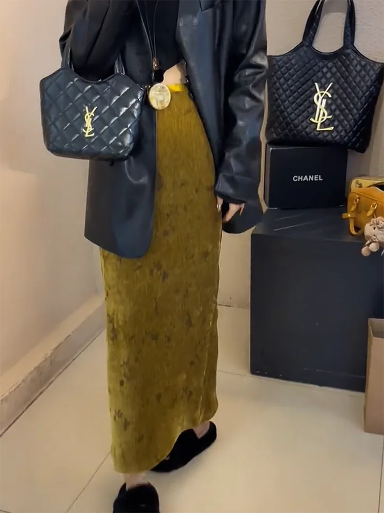 

Ретро повседневная юбка с высокой талией, прямого кроя, свободная, облегающая, длинная, осенняя новинка, в корейском стиле, для офиса и повседневной носки