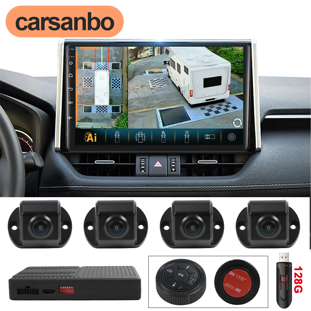 Carsanbo 3D Around View 360 Car Camera Panoramic Image System DVR Record Parking 4 Cameras 10.25in Monitor Calibration Coth 128G