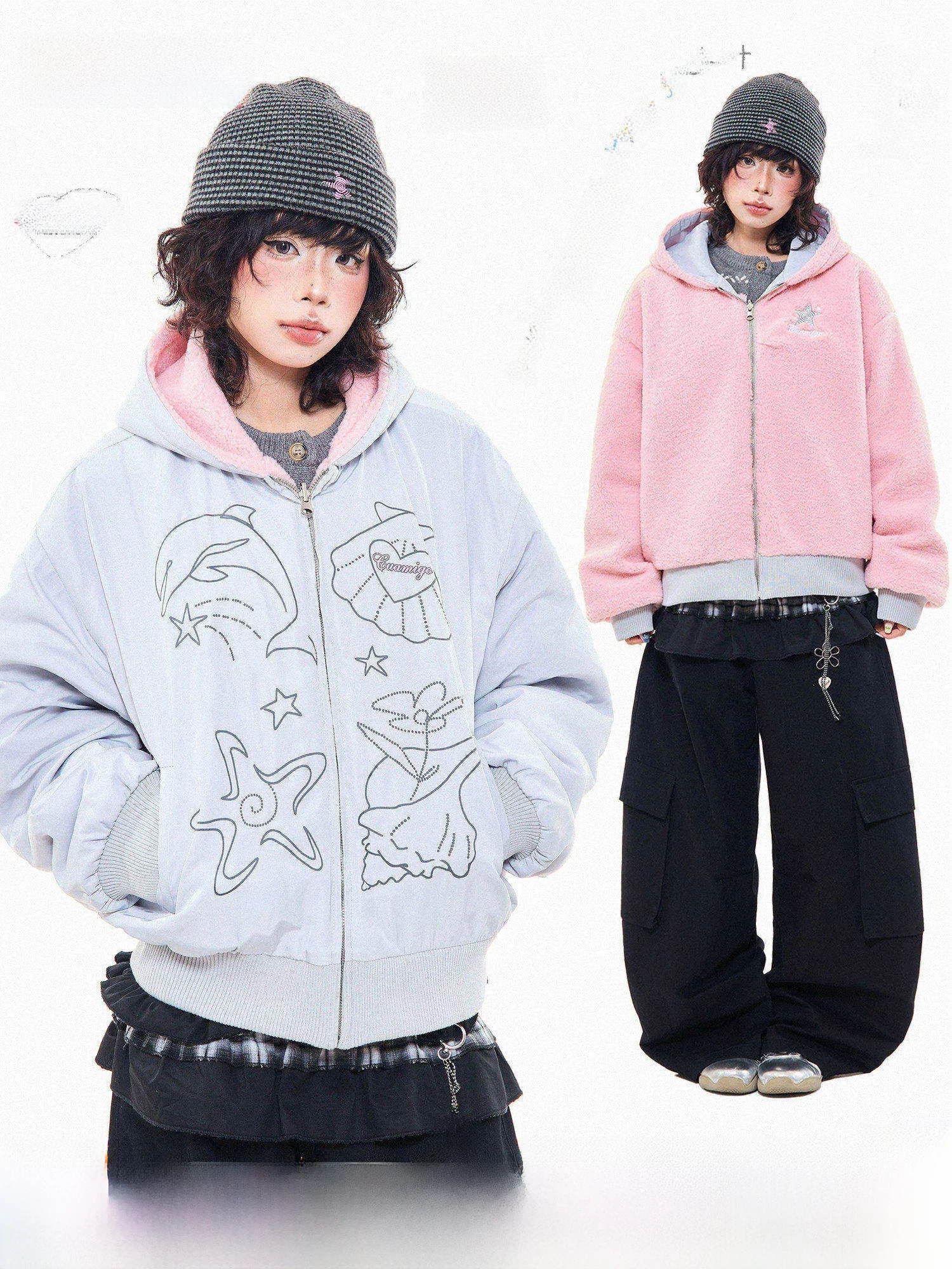 

Double-Sided Wear American Retro Cartoon Hooded Thiened Lamb Velvet Cotton Jaet Women's Loose Winter Cotton Outerwear