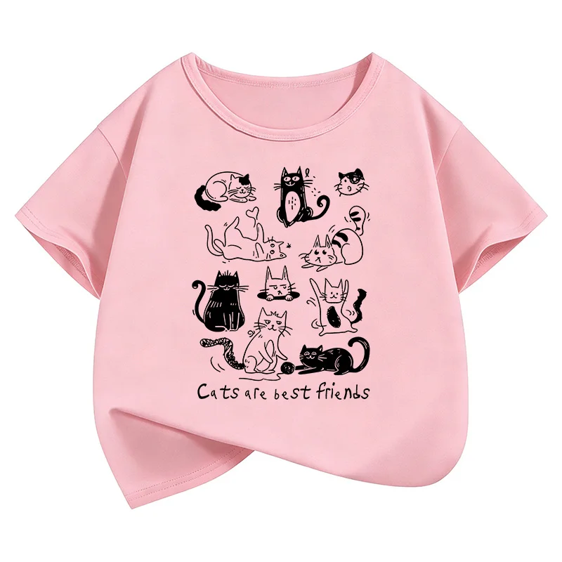 Cat Are Best Friends Design Printed T Shirts Short Sleeve Kids Children's T-shirt Boys Girls Summer Spring Casual Top Tee Shirt