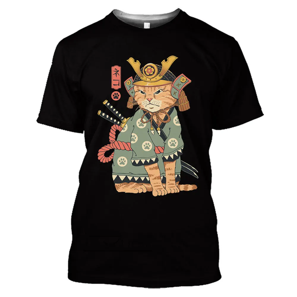 Summer new 3D Men Japanese Samurai Cat graphic t shirts Fashion Casual Personality Cool Street Style Print Short Sleeve Tees Top