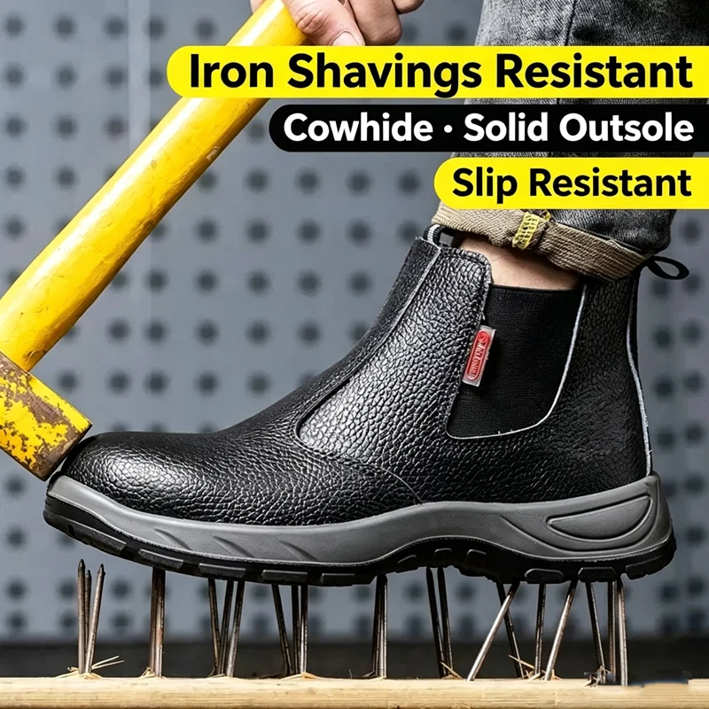 All-Season Waterproof, Comfortable, and Durable Cowhide Construction Work Shoes with Impact and Puncture Resistance