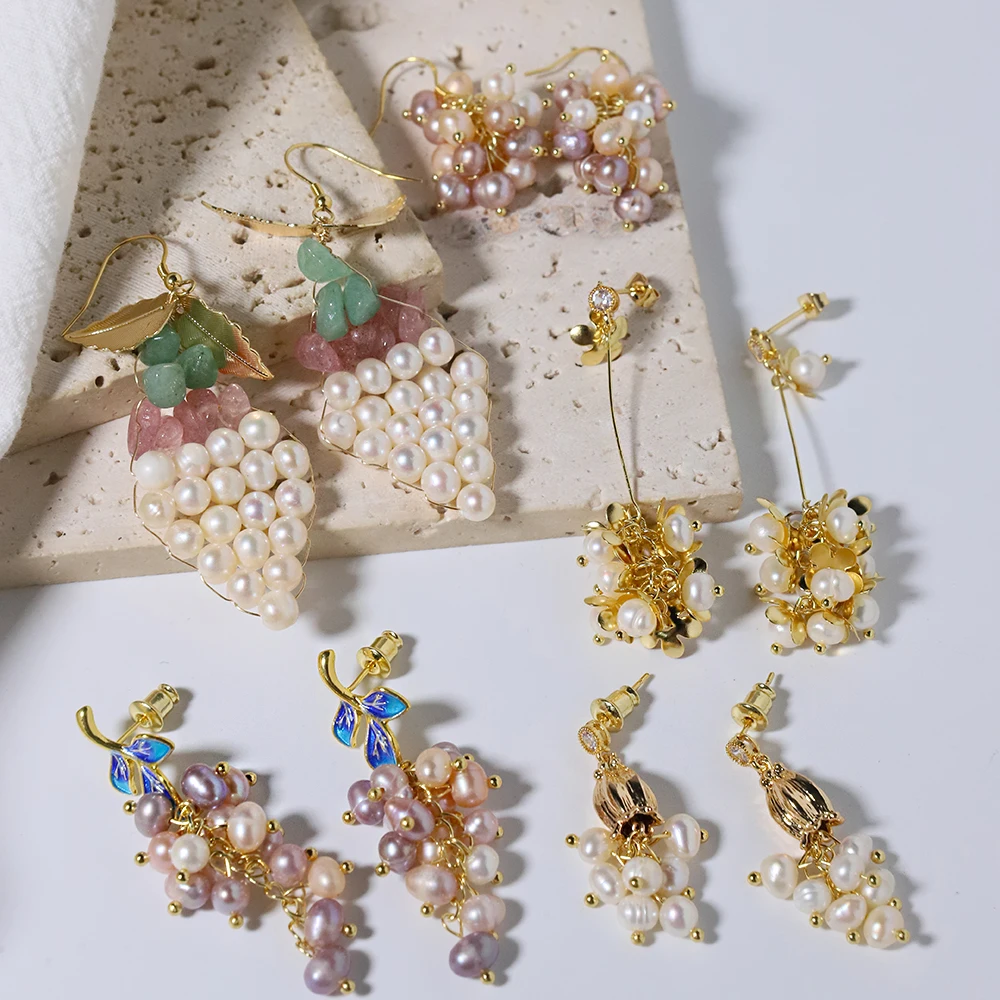 GLSEEVO Natural Fresh water Pearl Yellow Lily Flower Plant Tassel Drop Earrings For Women Shining Dangle Earrings Luxury Jewelry