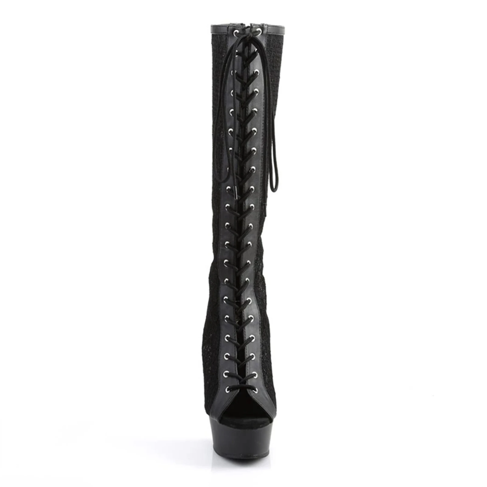 15CM Black Lace Thigh Boots, Sheer Cut-Out Platform Heels with Lace-Up Detail & Stiletto, Gothic Romantic Statement Shoes​