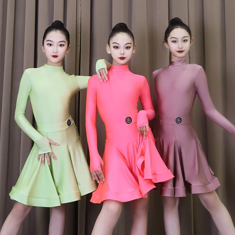 

Платье для соревнований по латинским танцам для девочек, национальная стандартная танцевальная одежда, платье с длинными рукавами, детская одежда для тренировок по латинским танцам