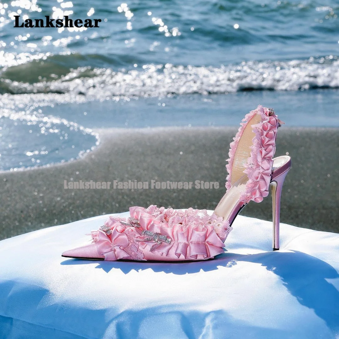 Rhinestone Bow Lace High Heels Lady Lolita Bao Head Pink Silk High Heel Sandals High Heel Pointy Sexy New Single Shoes for Women