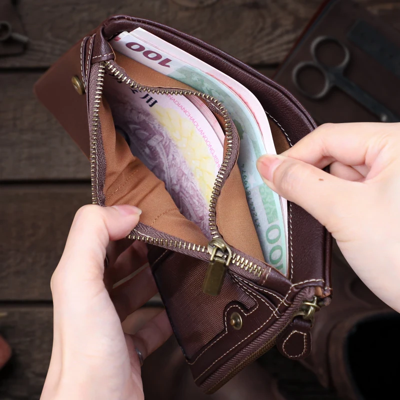 Fashion Men\'s Short Wallet Genuine Leather Card Holder Wallet Coin Purse With Zipper Small Thin Male Short Wallets Money Bag