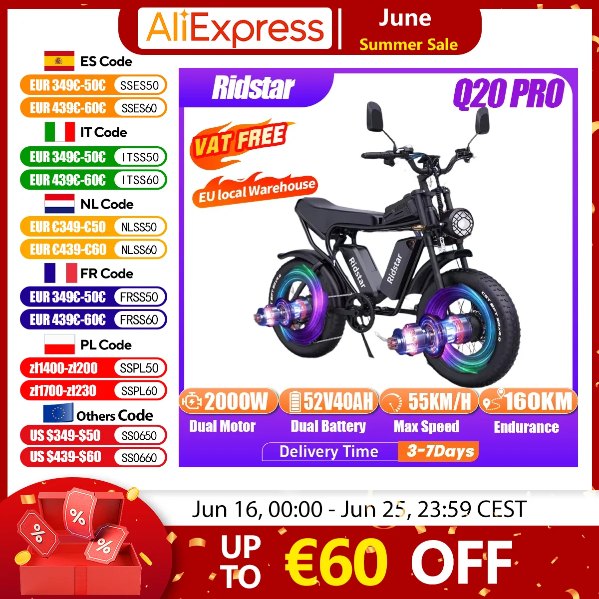 Ridstar-Vélo électrique Q20 Pro, 2000W, freins hydrauliques 52V 40Ah, 20x4.0 pouces, moto de montagne