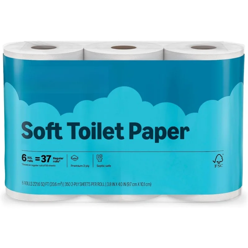 

2-Ply Soft Toilet Paper,6 Rolls, 350 Sheets per Roll, Septic Safe, Equivalent to 185 Regular Rolls