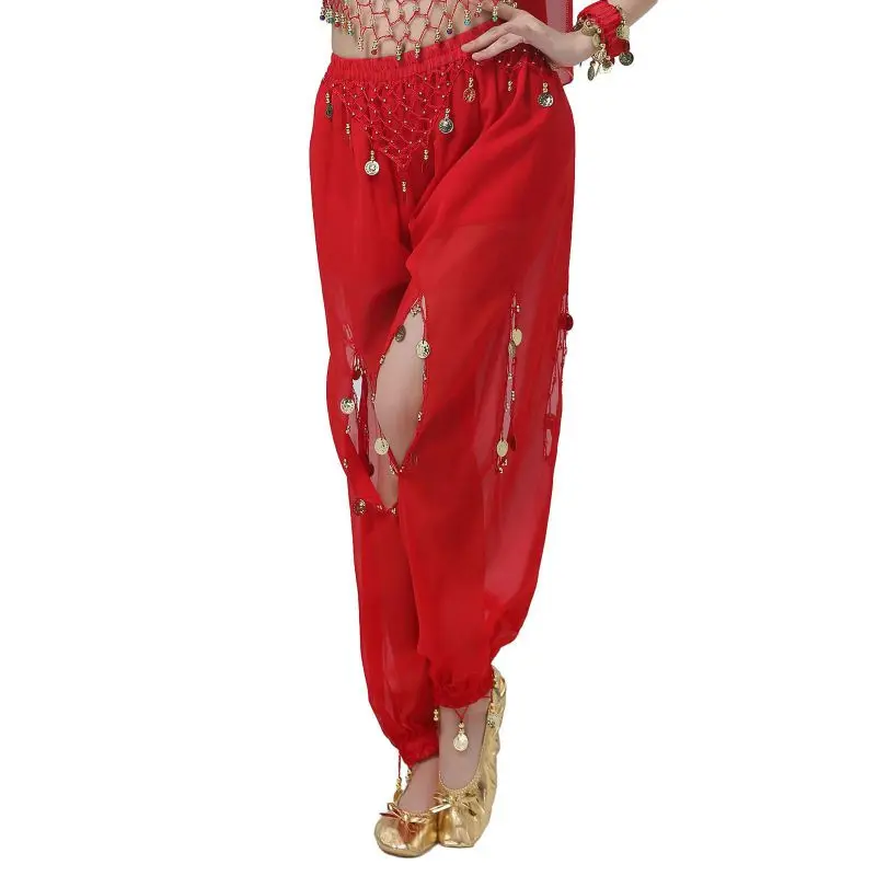 Women Belly Dance Pants Chiffon Shiny Sequins Pants Fancy Sequins Tassels Bloomers Trousers Hanging Coin Bandana Set