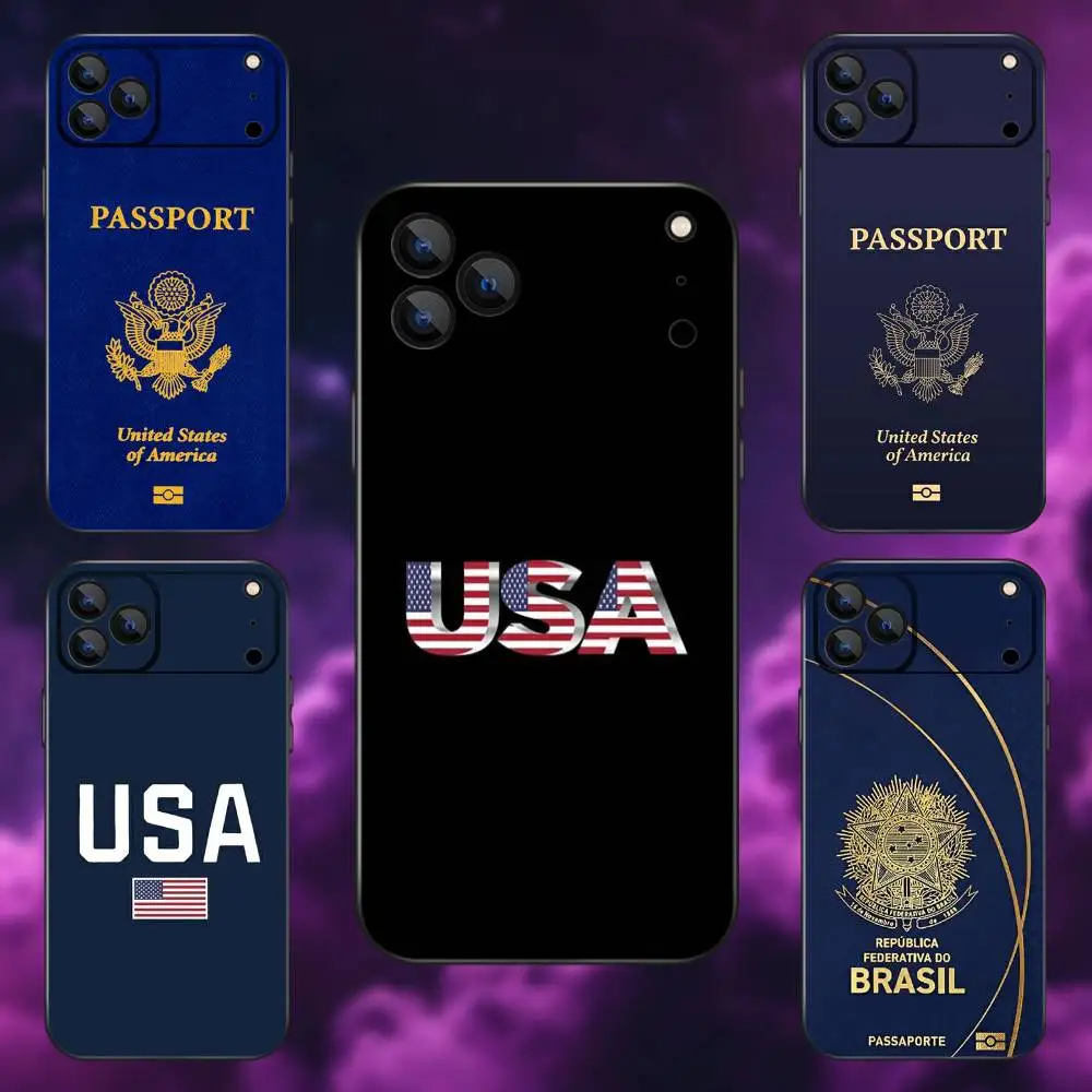 

USA Brasil Korean Passport Phone Case For iPhone 17,16,15,14,13,12,Pro,Max,Plus,E,SE4,Air,Mini Black Soft Box
