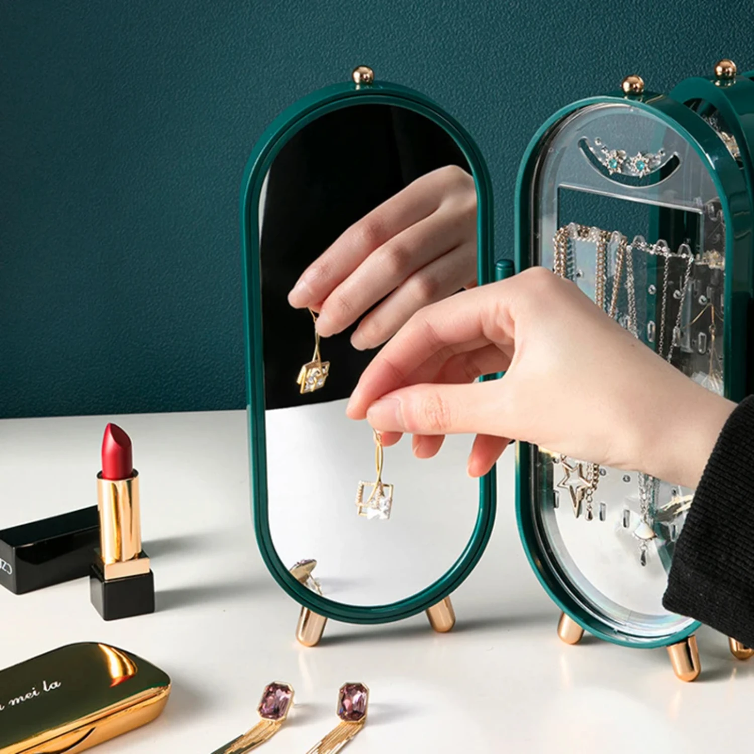 Foldable Jewelry Box  Organizer With Mirror Plastic  Container  Woman Earrings Necklace Ring Desk  Rack Organizer bins Small box