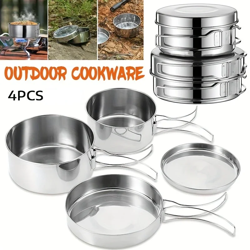 

4Pcs Camping Cookware Set Stainless Steel Lightweight Portable Camping Cookware Picnic Cooking Set with Foldable for Hiking