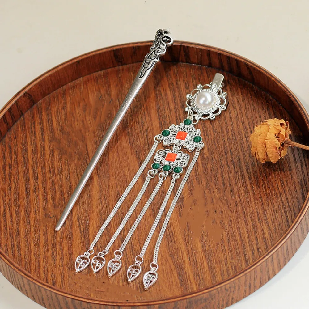 

Древняя металлическая серебряная заколка для волос в форме полумесяца с кисточкой, в этническом и китайском стиле, аксессуар для волос в стиле Ханьфу